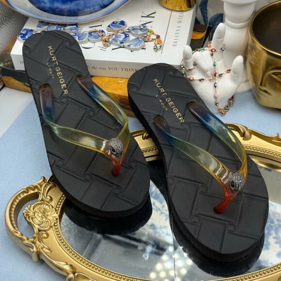 🆕 KURT GEIGER LONDON 🧿 NWOB Japonski Kensington Rainbow Flipflop, Black - Sz 7 - Picture 5 of 12